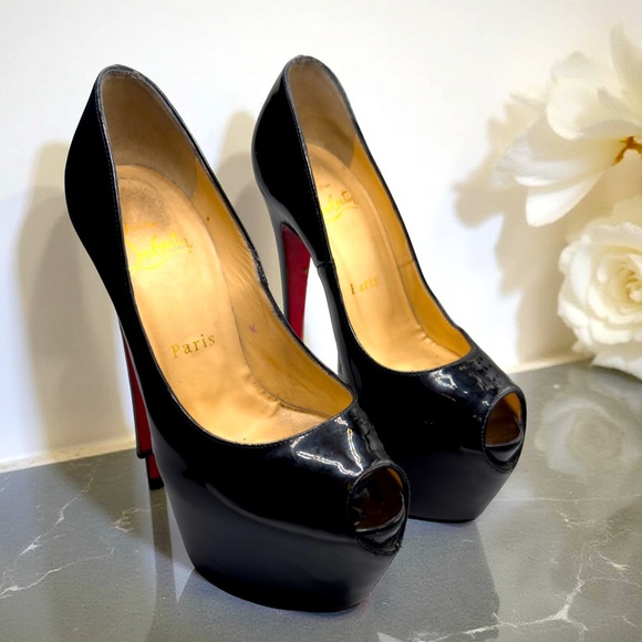 Christian Louboutin Lady Peep Toe 150 Black Patent Leather Heels